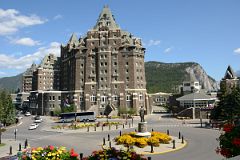 
Banff Springs Hotel From Terrace With Van Horne Statue And Tunnel Mountain
